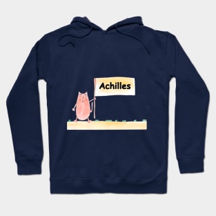 Achilles name. Personalized gift for birthday your friend. Cat character holding a banner Hoodie